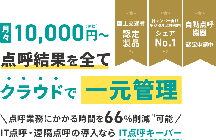 月々10,000円〜 点呼結果を全てクラウドで一元管理 点呼業務にかかる時間を66%削減可能 IT点呼・遠隔点呼の導入ならIT点呼キーパー